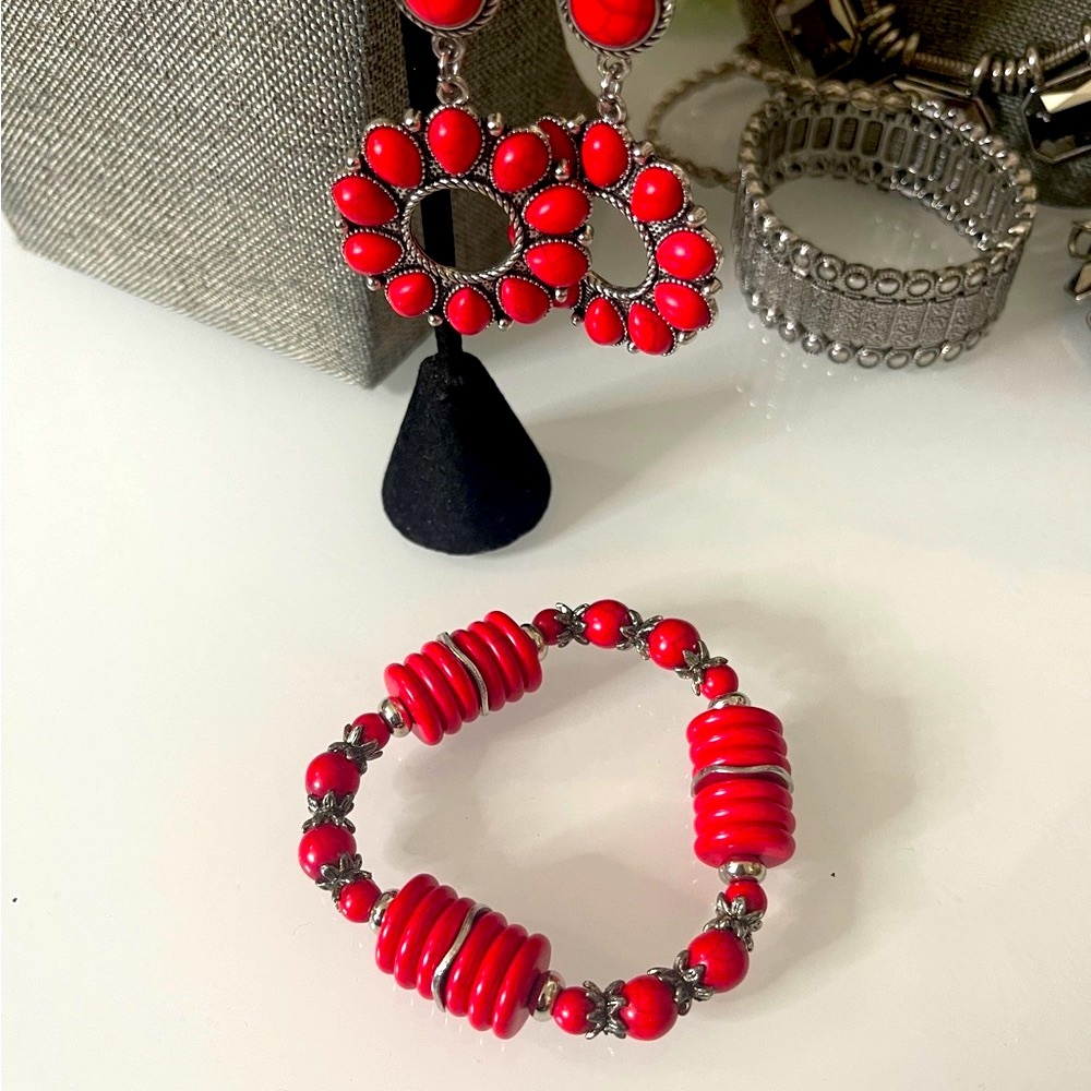 Set Earrings, Bracelet: Bold Red Geometric Design